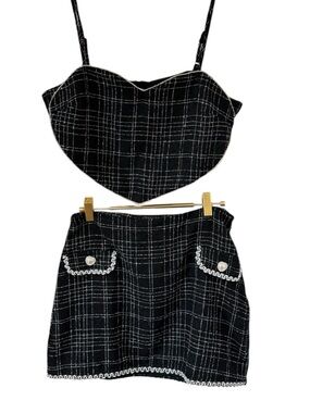 ASOS Black & White Plaid Tweed Two-Piece Skirt Set Heart crop pearls rhinestones